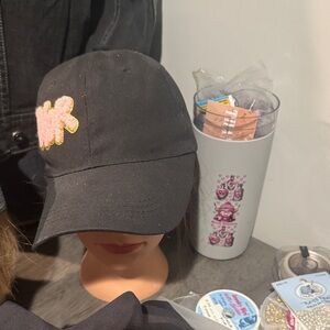 Black Cap with Pink and Gold Embroidery